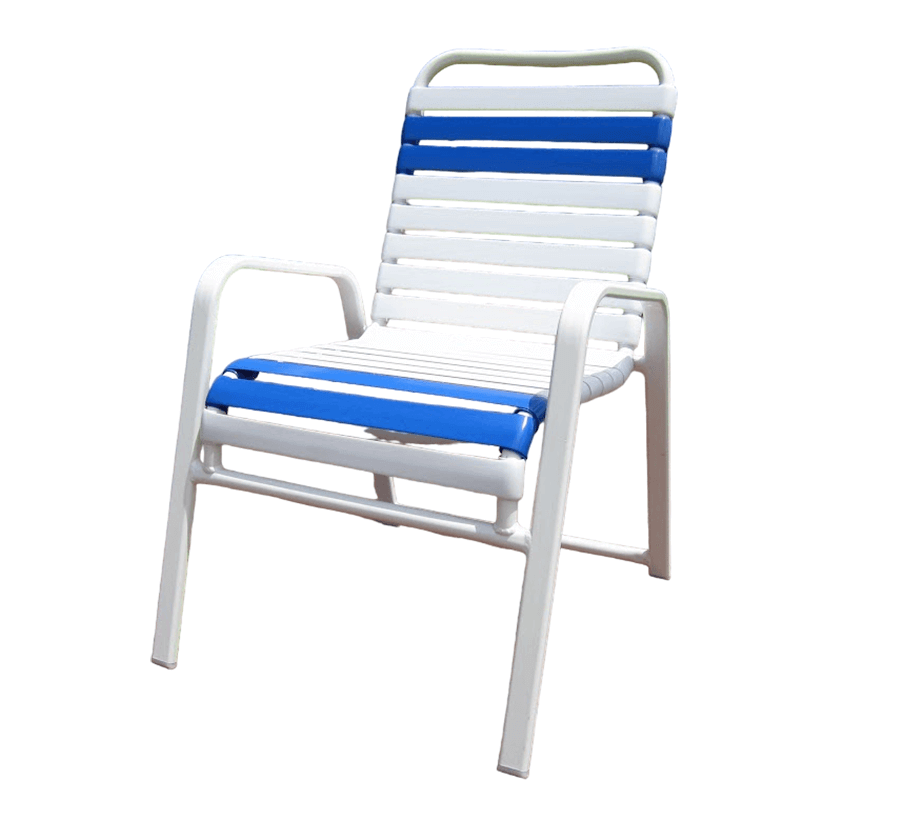 White commercial vinyl strap patio dining chair with blue accent straps and a durable aluminum frame.